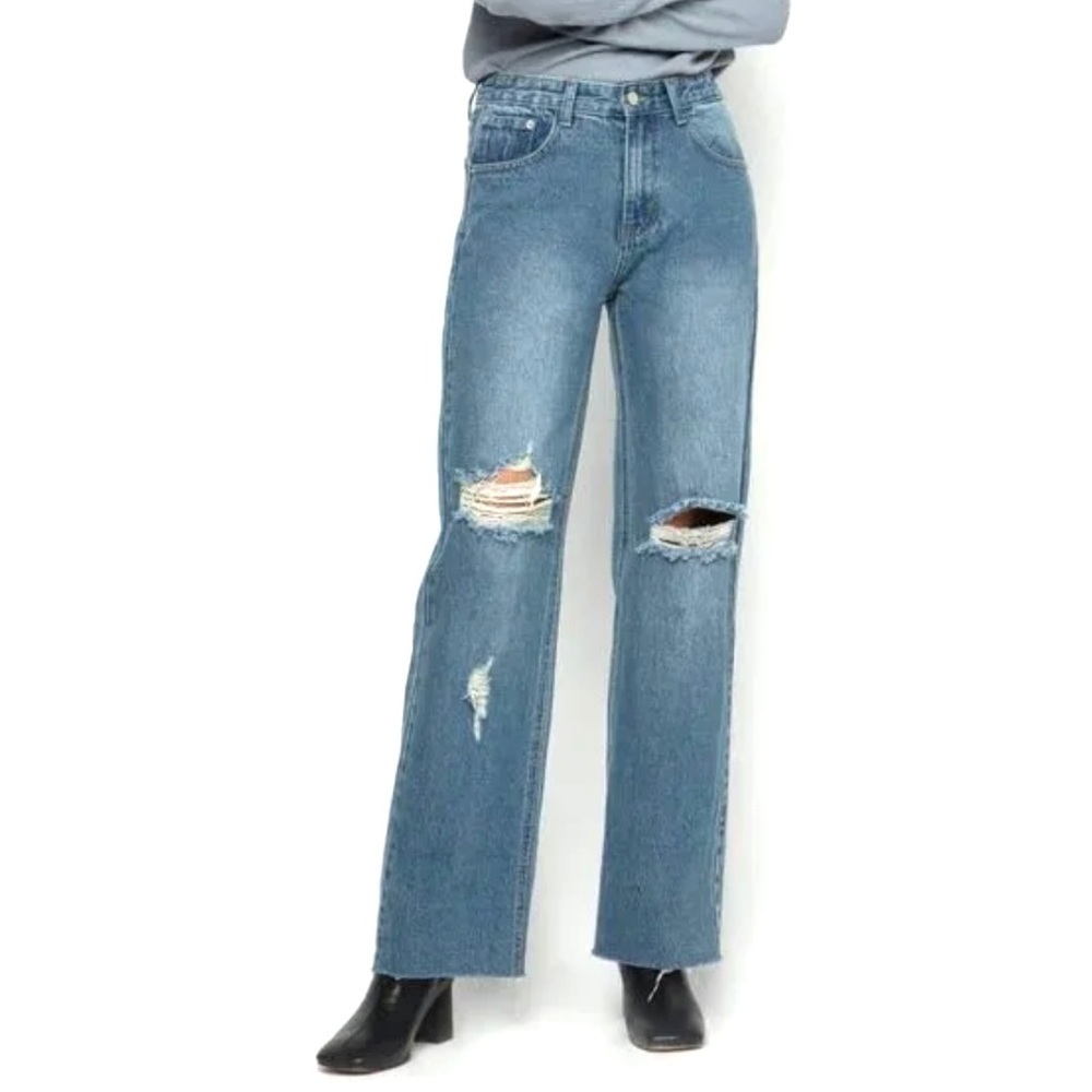 Oak + Fort distressed straight leg jeans